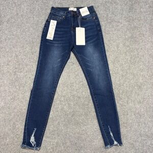 Bamboo Jeans Women Size 1 Super Soft Skinny Denim High Rise Distressed Hem Blue